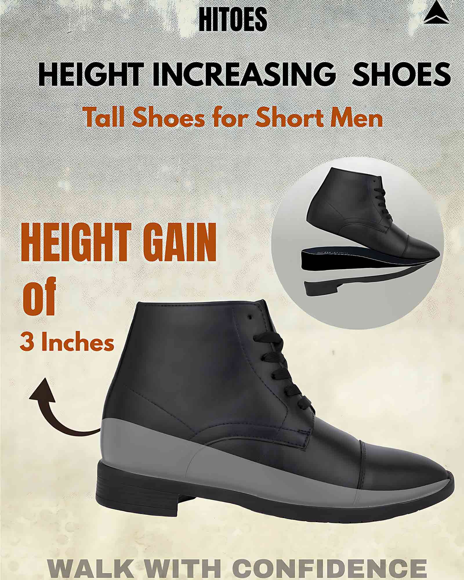 Showcase product view of Hitoes Darsel black height lift formal boots with internal elevation