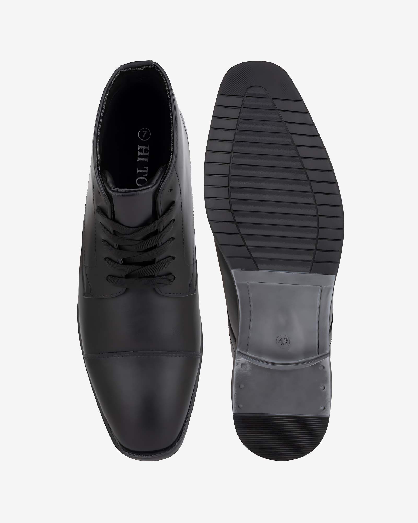 Top and sole view of Hitoes Darsel black height increasing formal boots with concealed insole lift