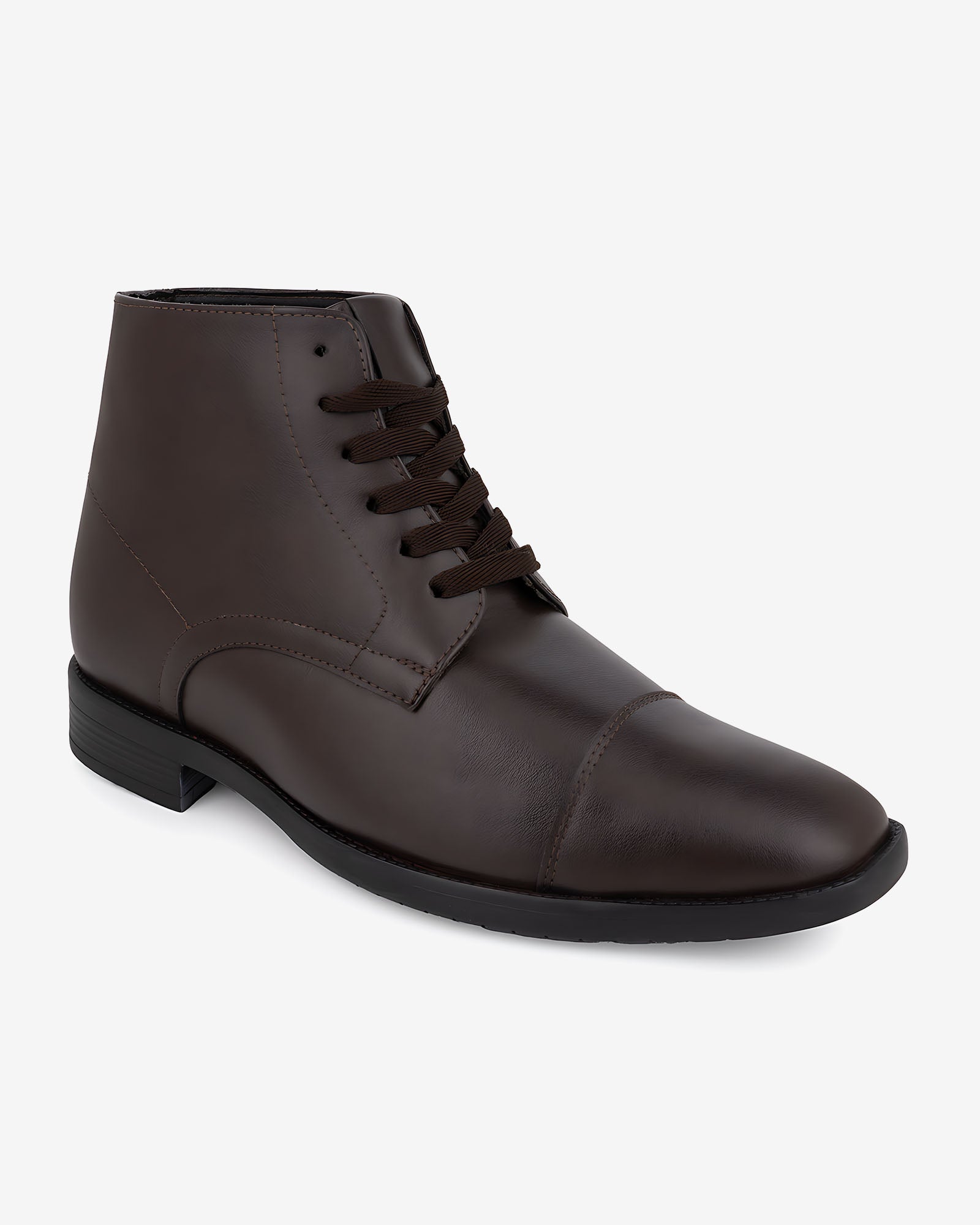 Front angled view of Hitoes Darsel  brown elevator formal boots with hidden height boost