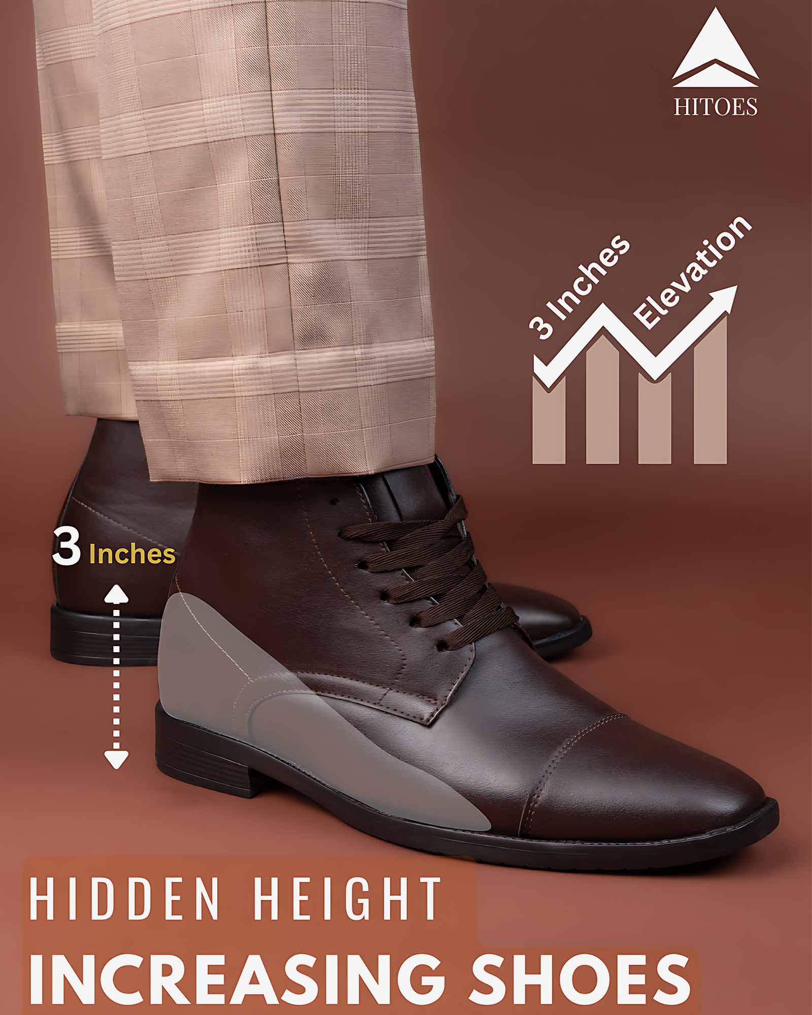 Showcase product view of Hitoes Darsel brown height lift formal boots with internal elevation
