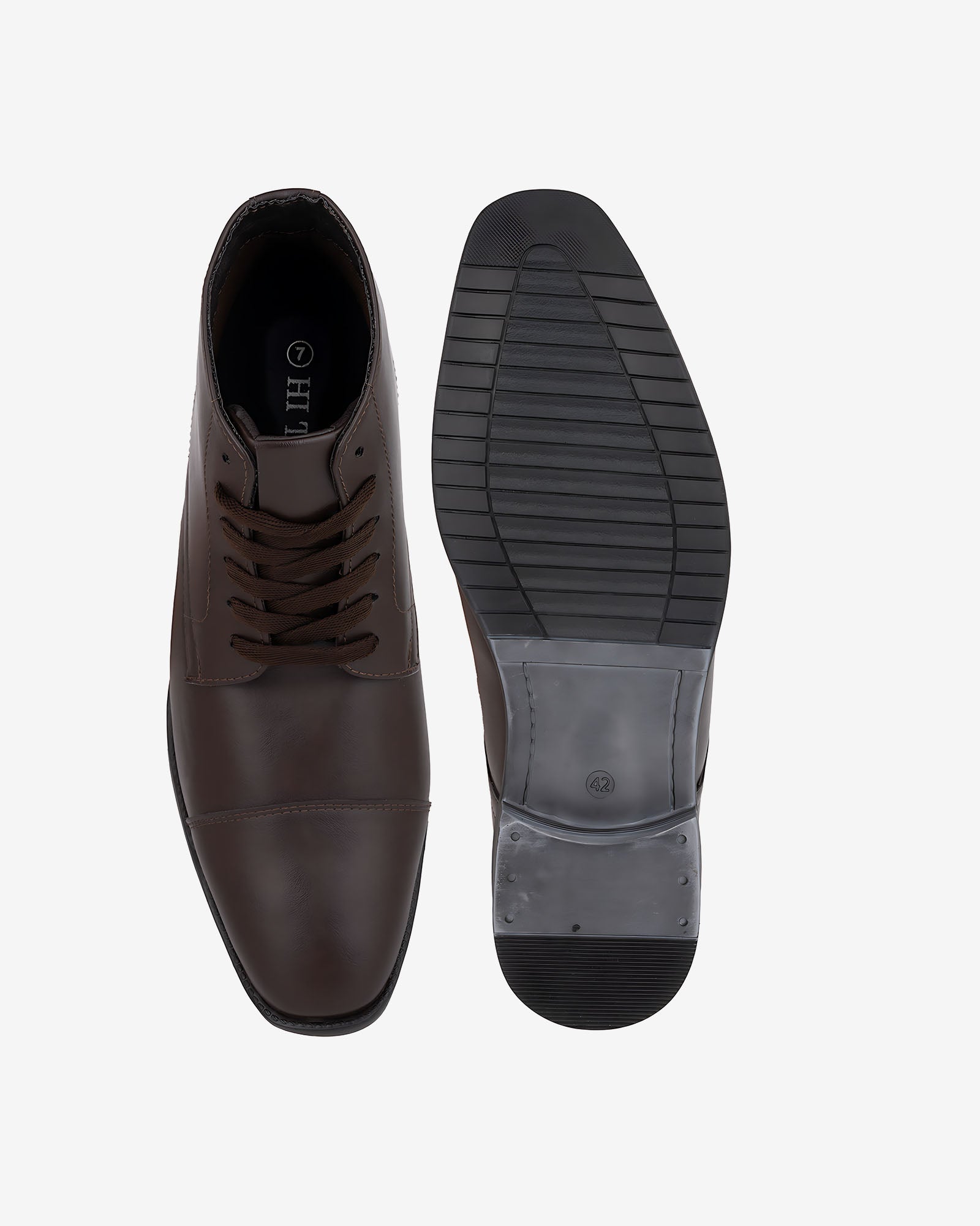 Top and sole view of Hitoes Darsel brown height increasing formal boots with concealed insole lift