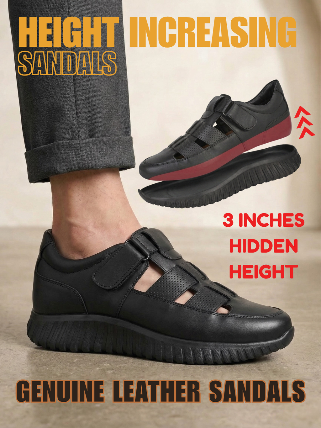 Orelle Premium Leather Height Increasing Sandals - Black