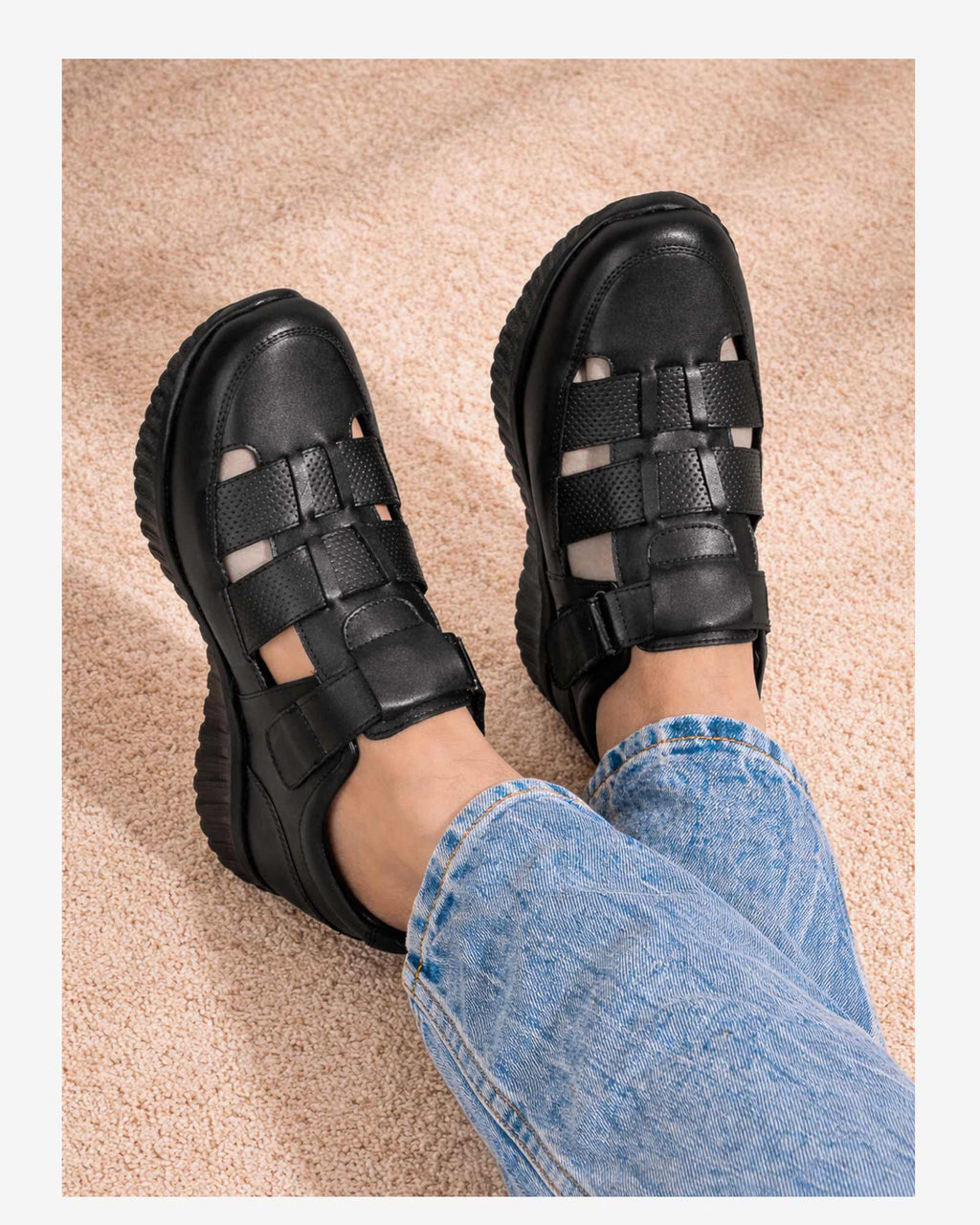 Orelle Premium Leather Height Increasing Sandals - Black