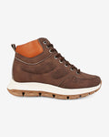 Side view of Hitoes Elevora Bolt brown height increasing sneakers with 3-inch hidden lift