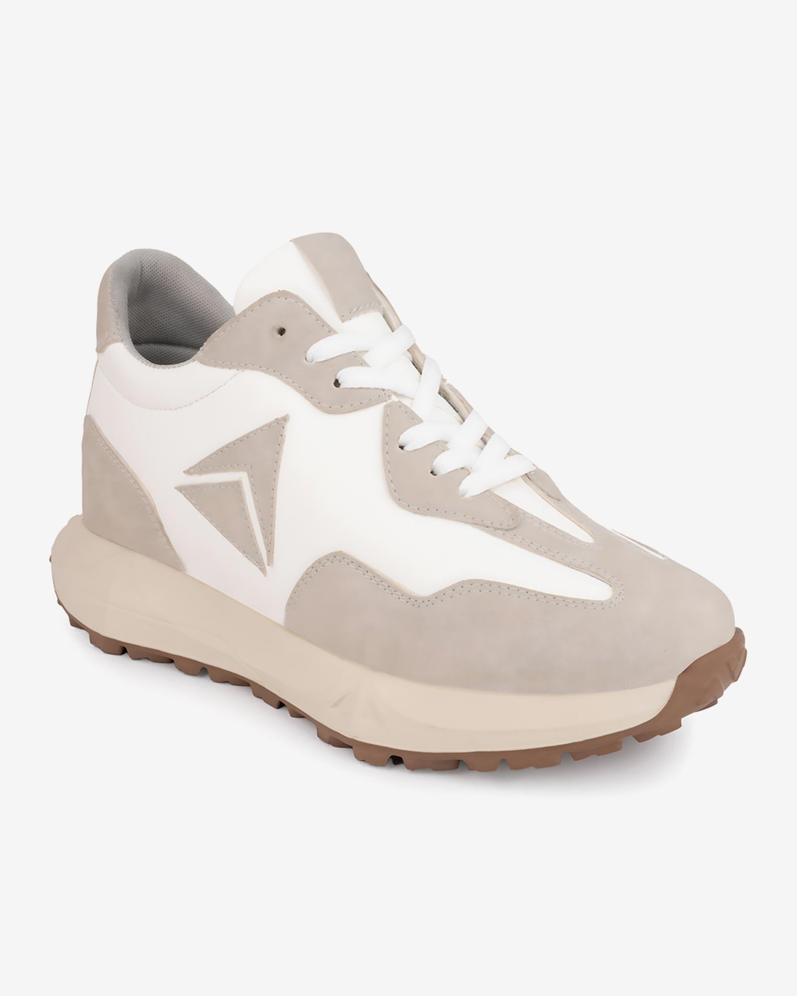 Front angled view of Hitoes Orren beige and white height increasing sneakers with hidden lift