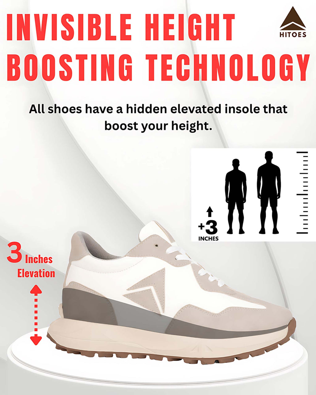 Showcase product view of Hitoes Orren beige and white height lift sneakers with internal elevation