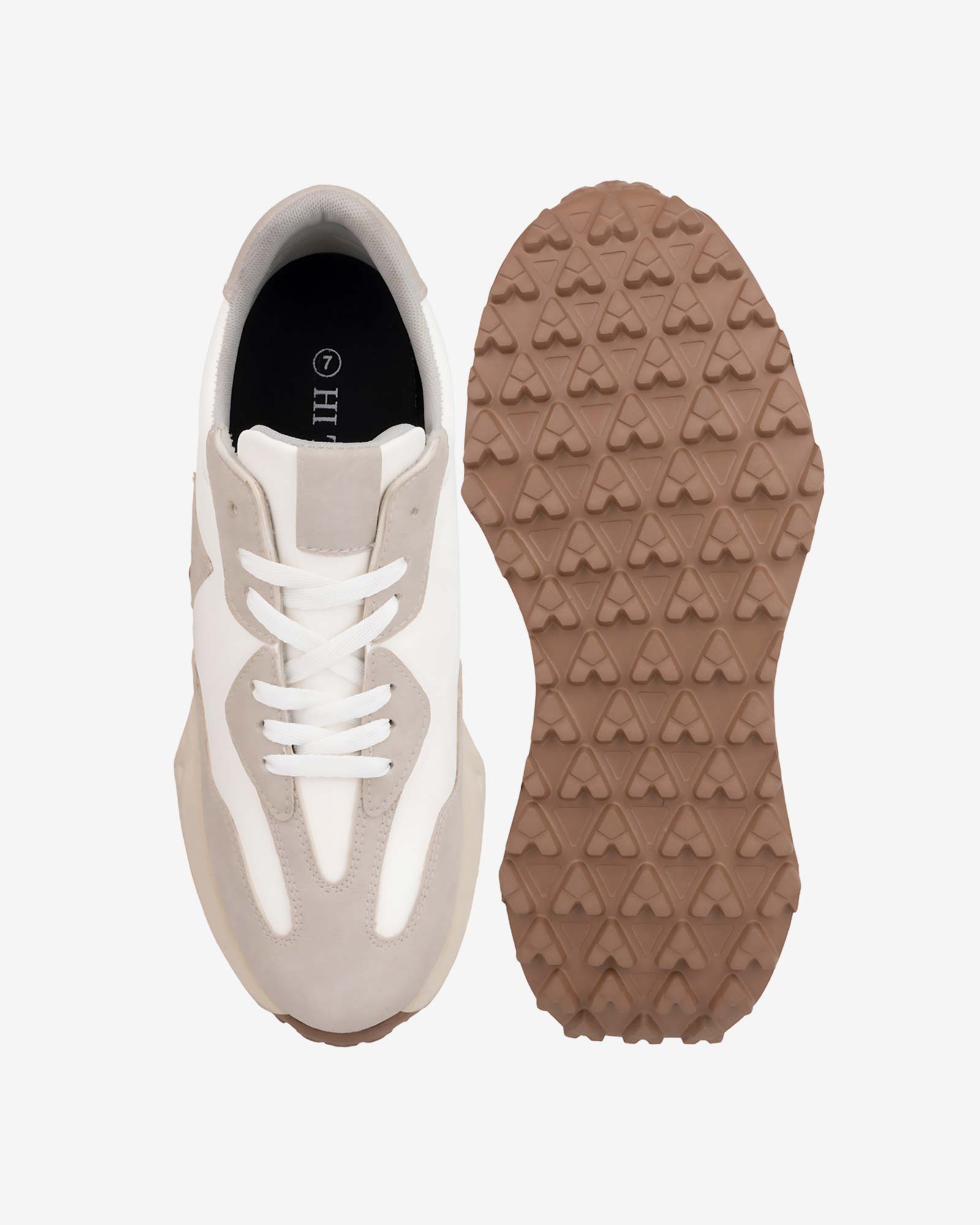 Top and sole view of Hitoes Orren beige and white height increasing sneakers with hidden insole lift