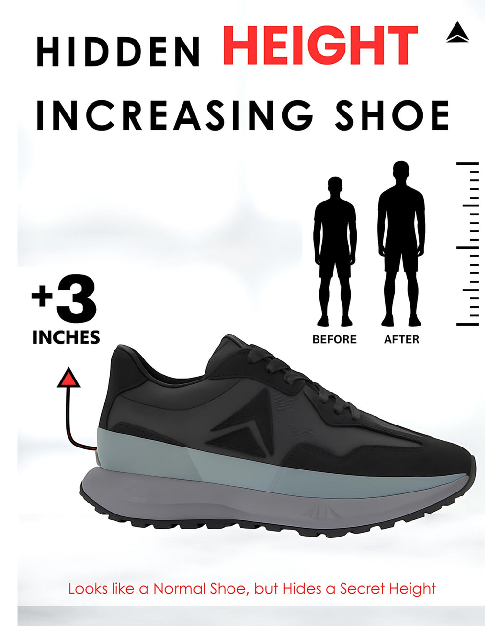 Showcase product view of Hitoes Orren black height lift sneakers with internal elevation