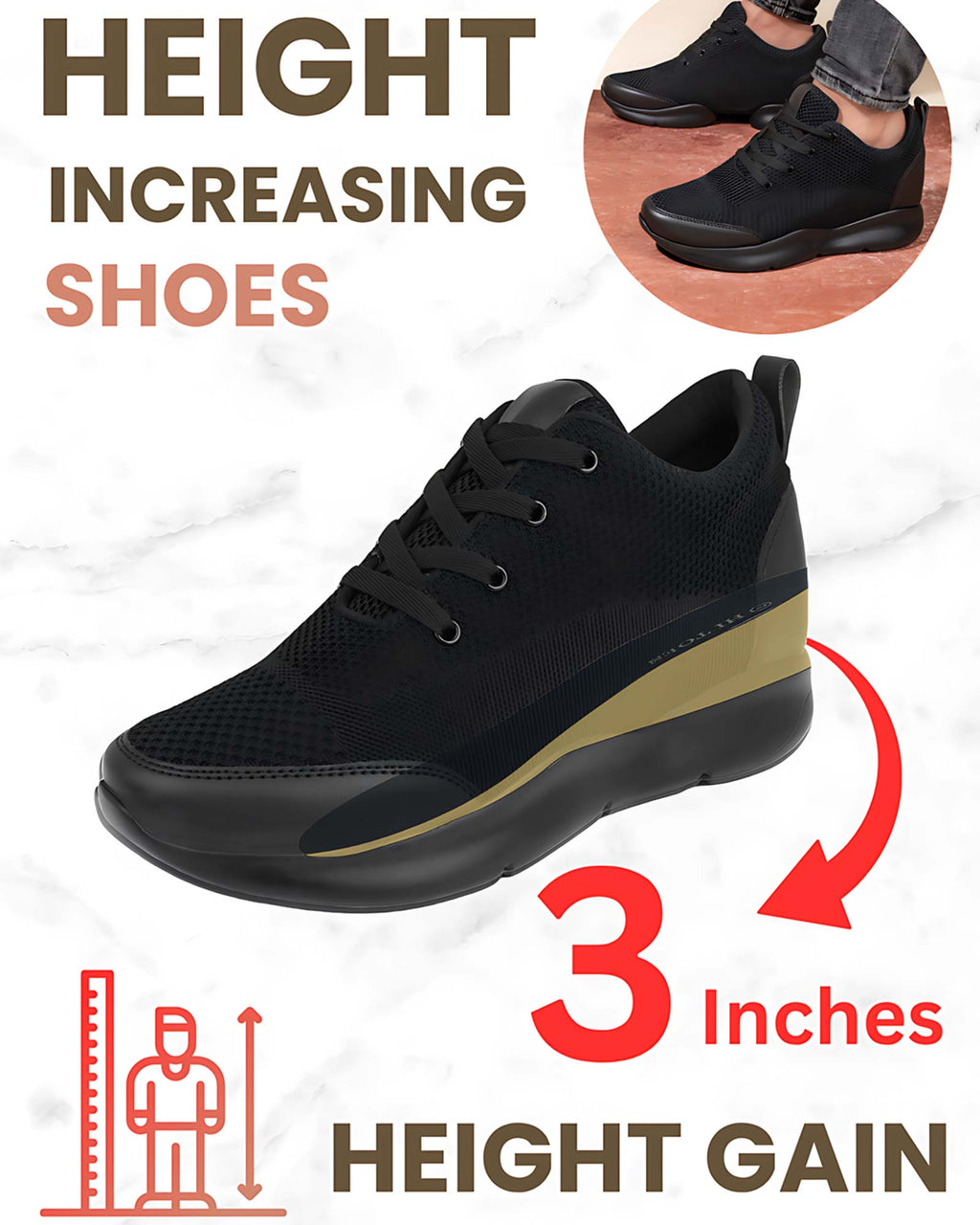 Showcase product view of Hitoes Strym black height lift shoes with internal elevation