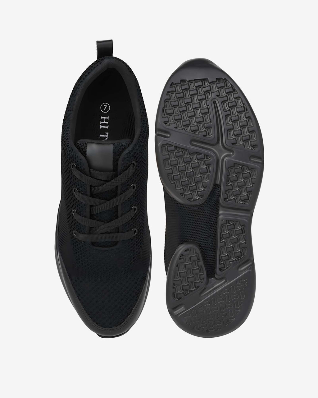 Top and sole view of Hitoes Strym black height increasing shoes with hidden insole lift