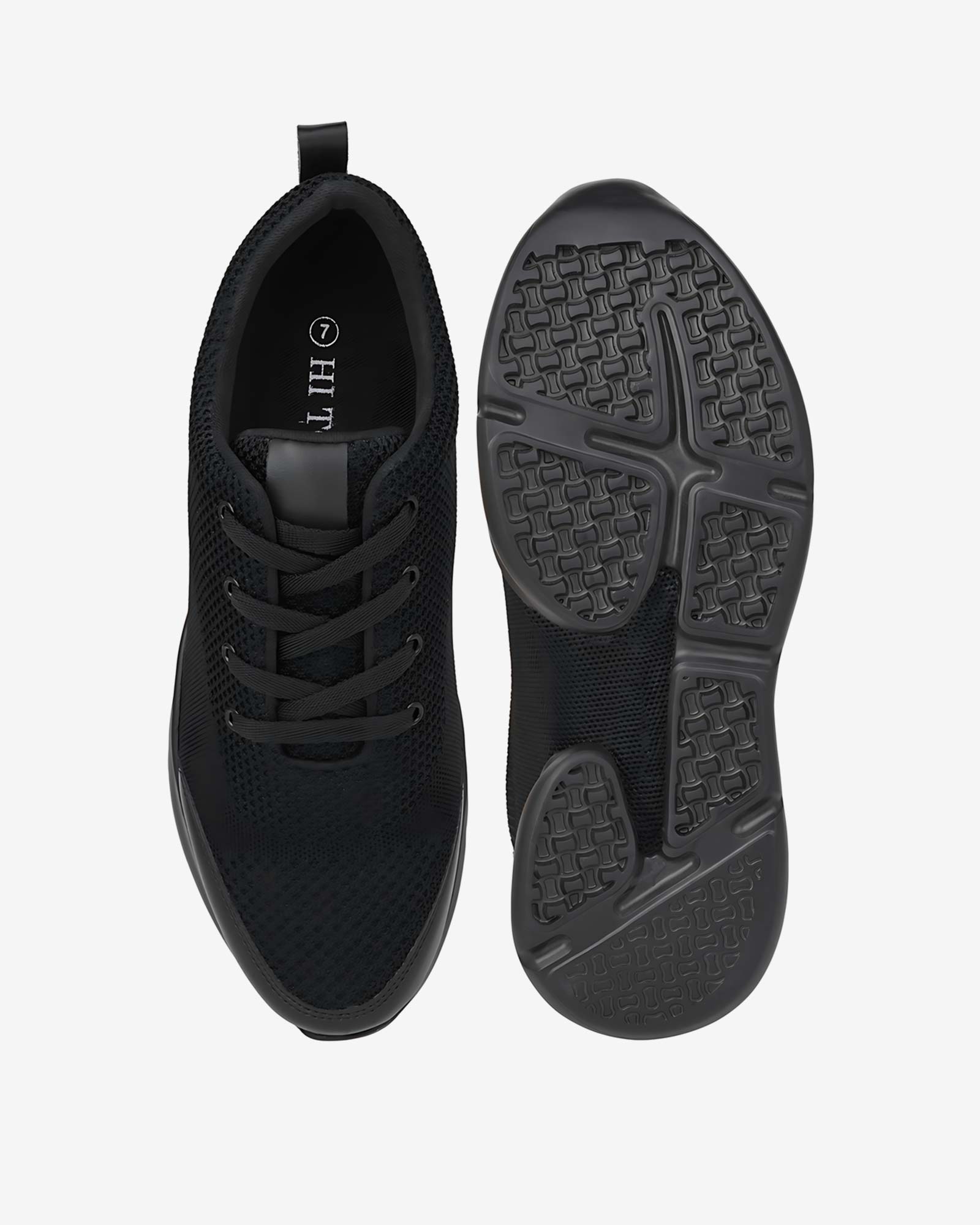 Top and sole view of Hitoes Strym black height increasing shoes with hidden insole lift