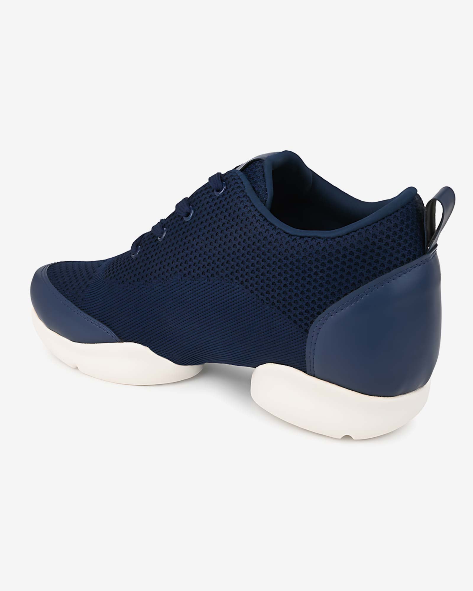 Back angled view of Hitoes Strym blue shoes with hidden height lift