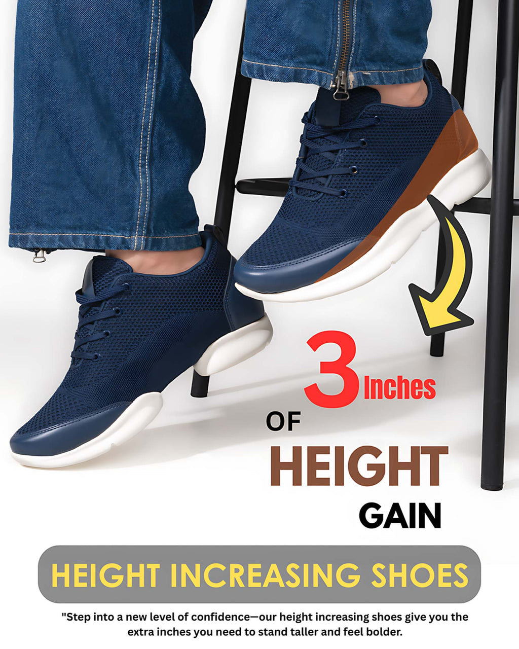 Showcase product view of Hitoes Strym blue height lift shoes with internal elevation