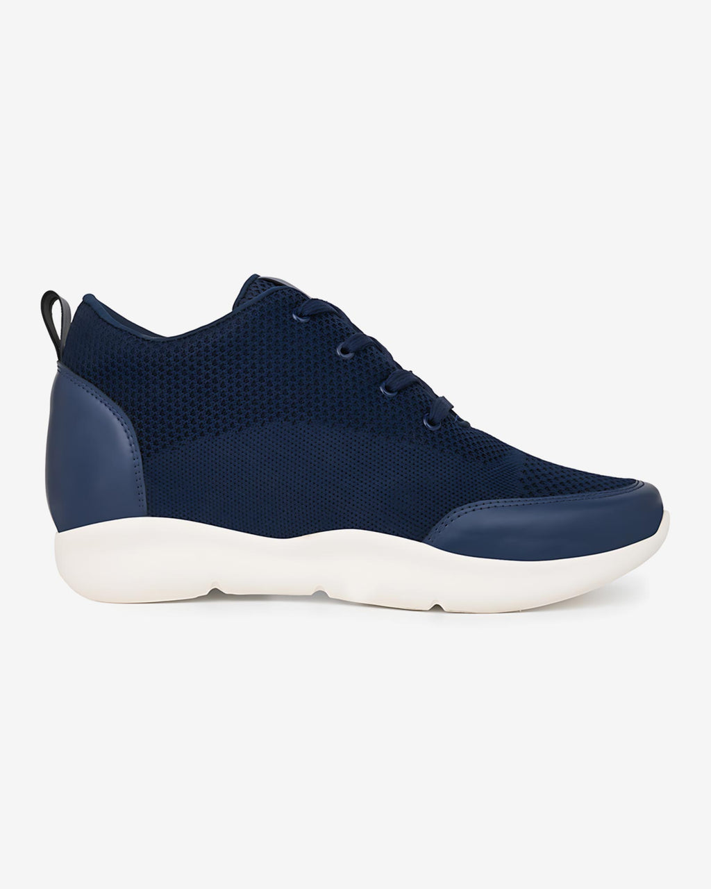 Side view of Hitoes Strym blue height increasing shoes with hidden 3-inch lift