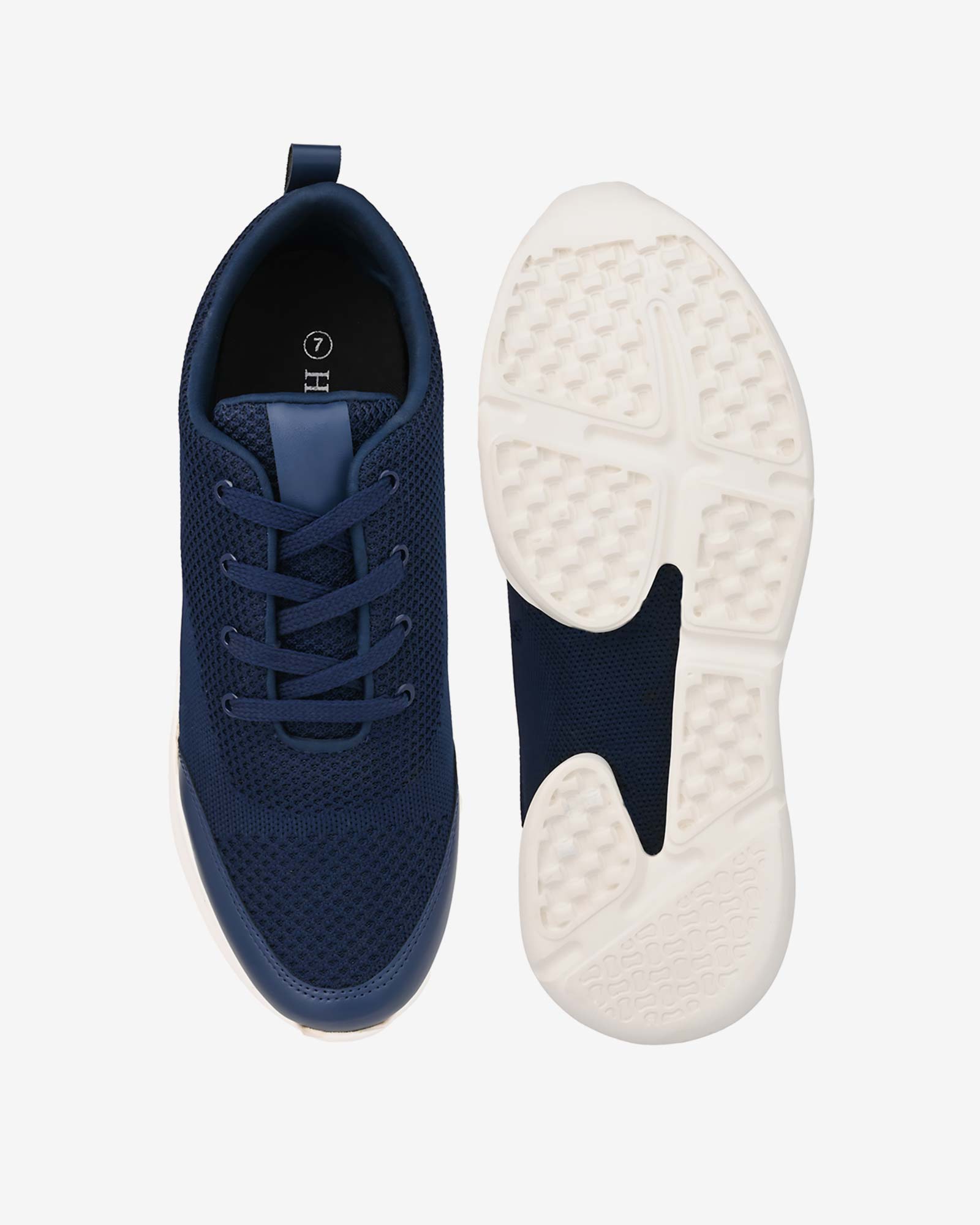 Top and sole view of Hitoes Strym blue height increasing shoes with hidden insole lift