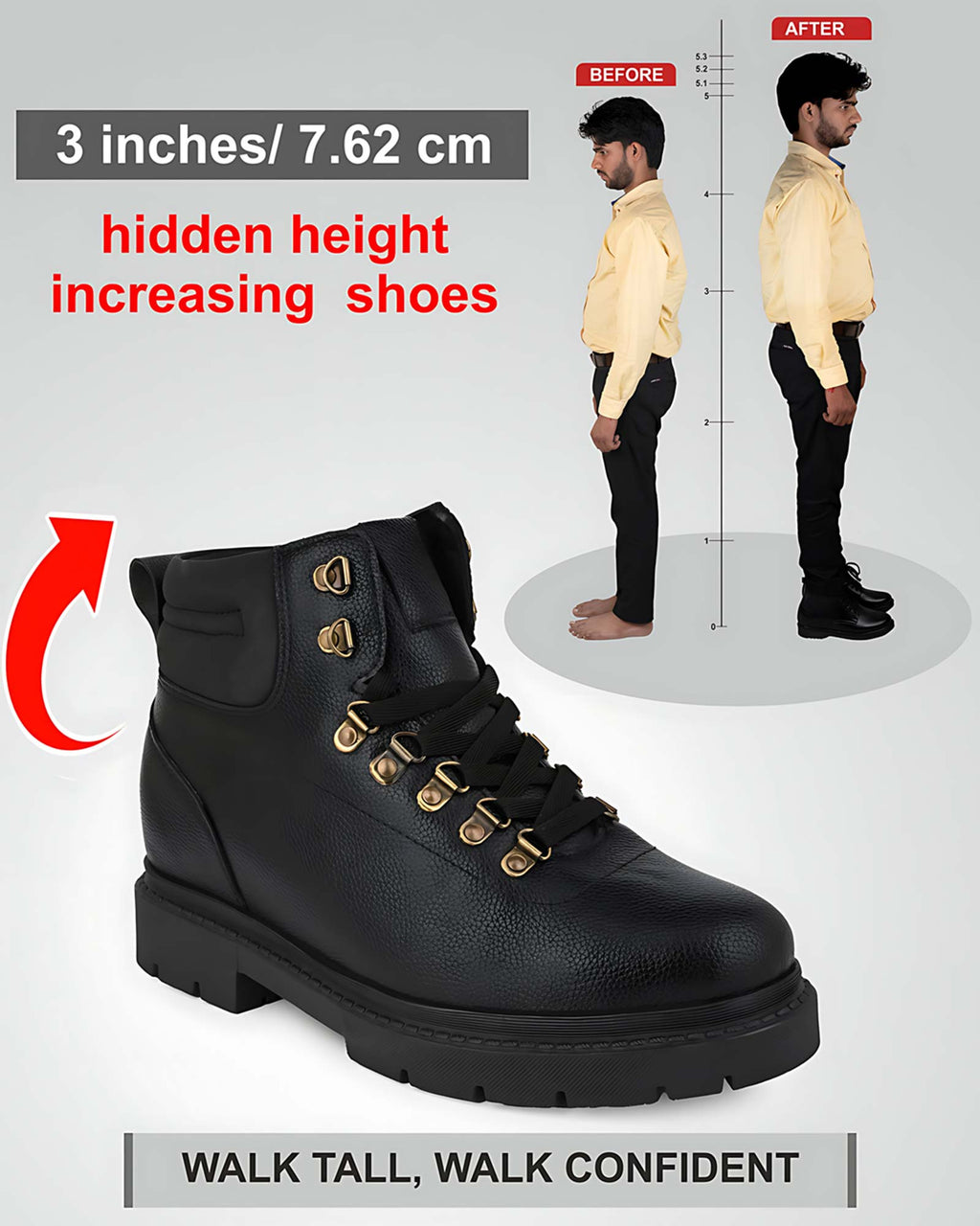Showcase product view of Hitoes Troxxon black height lift boots with internal elevation