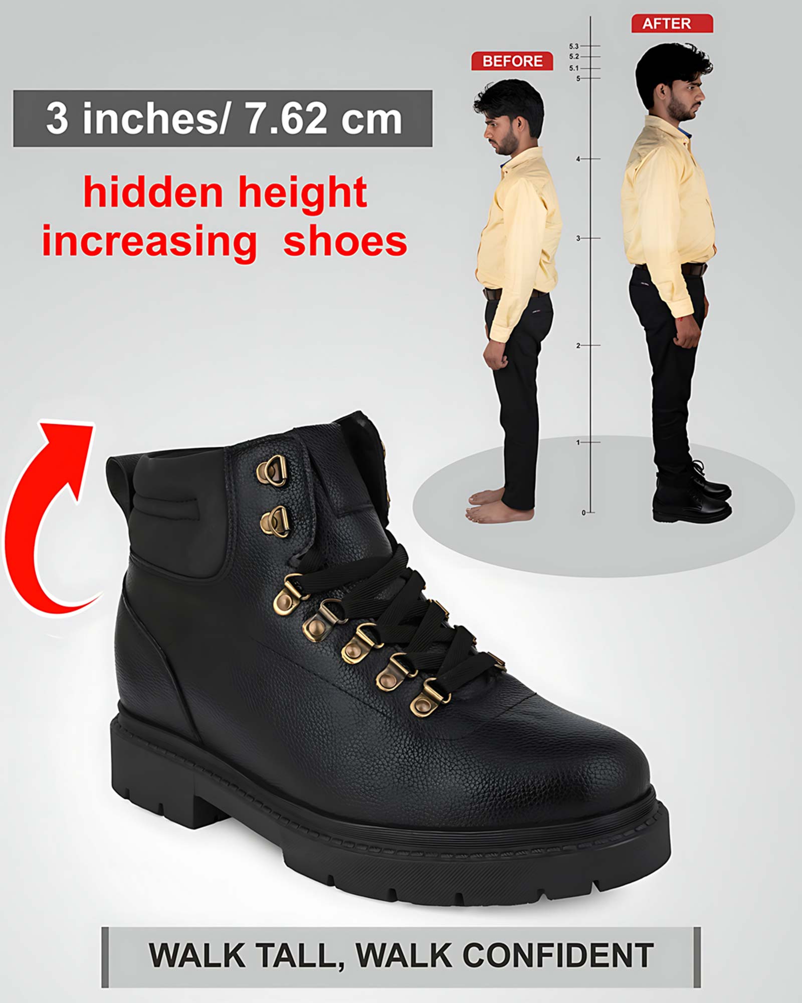 Showcase product view of Hitoes Troxxon black height lift boots with internal elevation