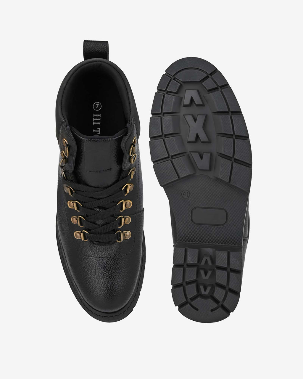 Top and sole view of Hitoes Troxxon black height increasing boots with concealed insole lift