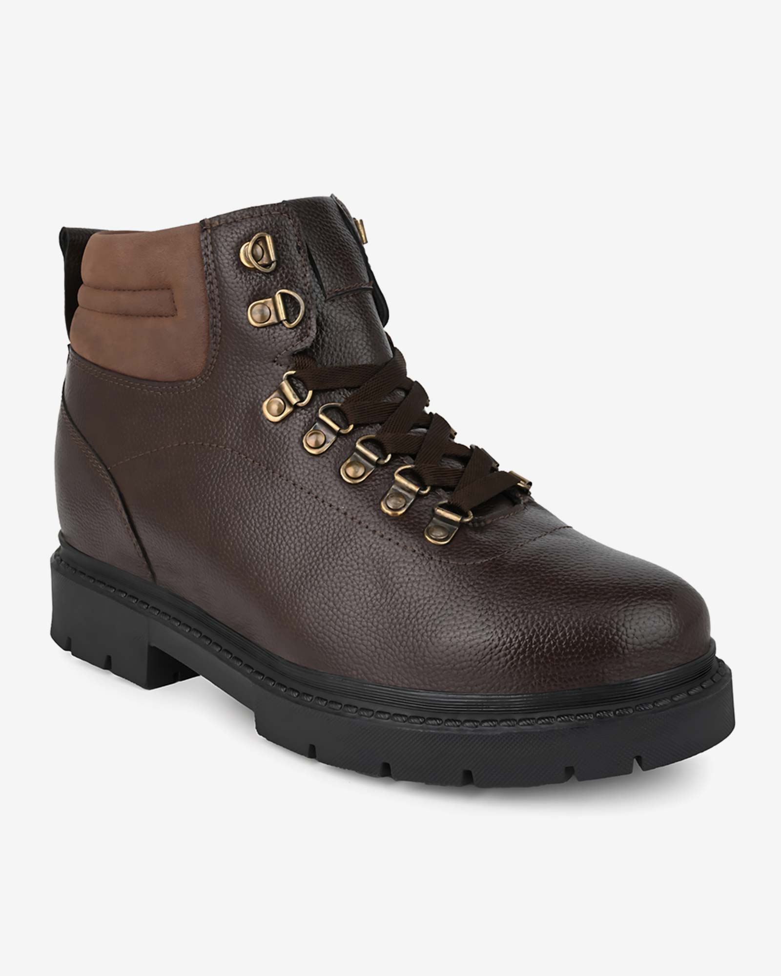Front angled view of Hitoes Troxxon brown elevator boots with hidden height boost