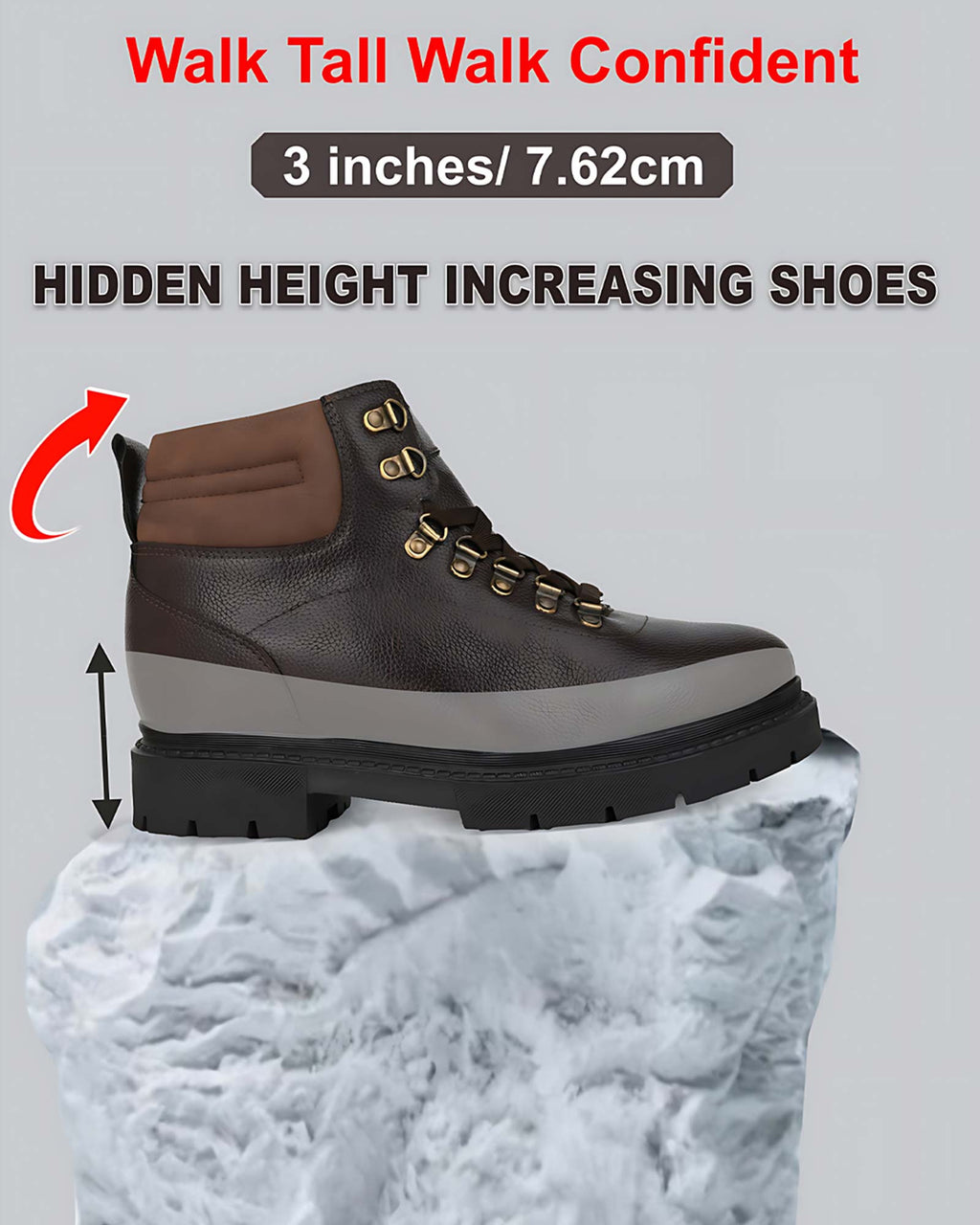 Showcase product view of Hitoes Troxxon brown height lift boots with internal elevation