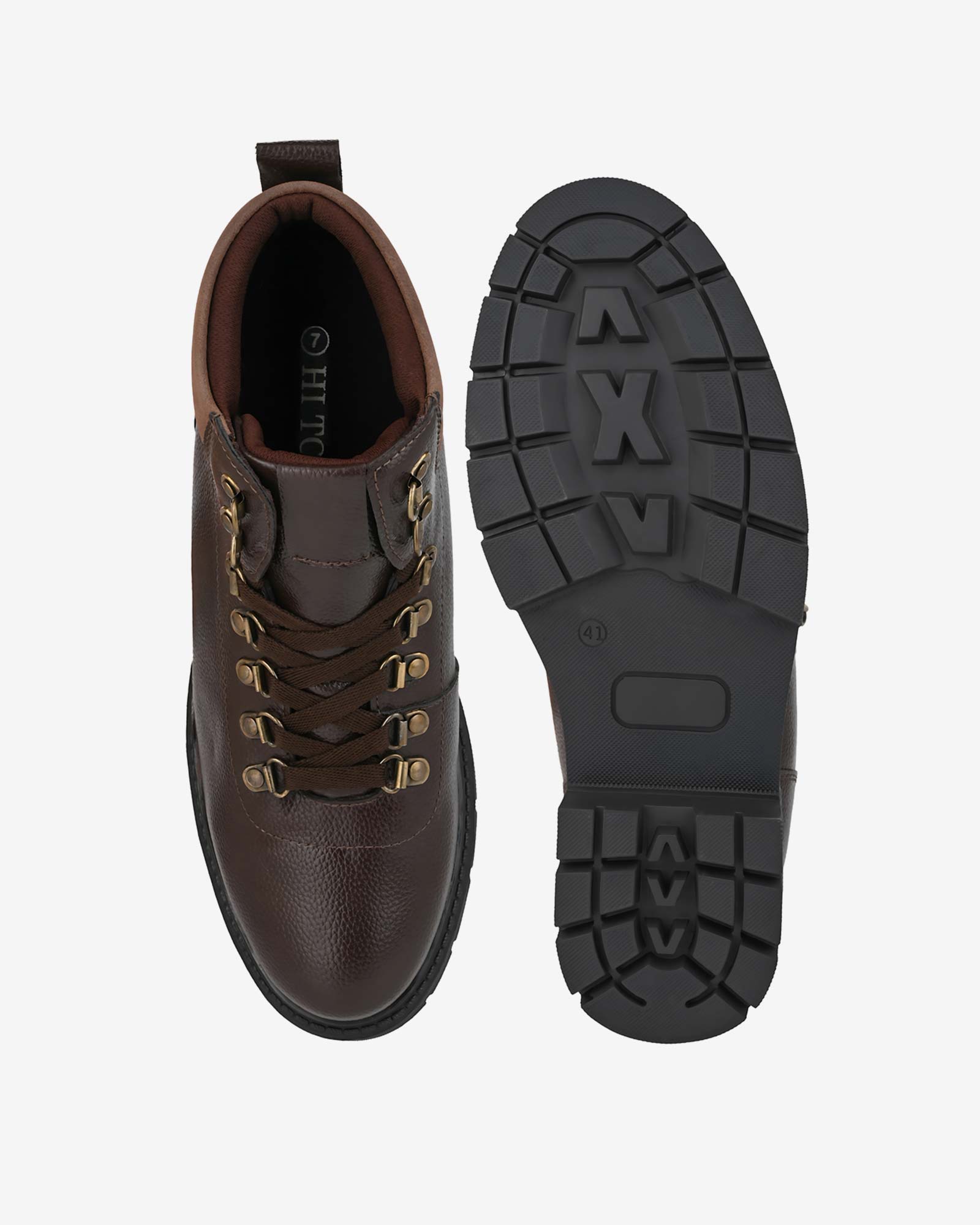 Top and sole view of Hitoes Troxxon brown height increasing boots with concealed insole lift