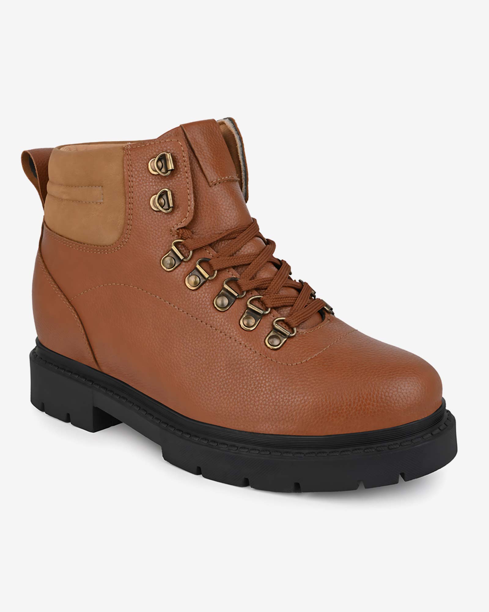 Front angled view of Hitoes Troxxon tan elevator boots with hidden height boost