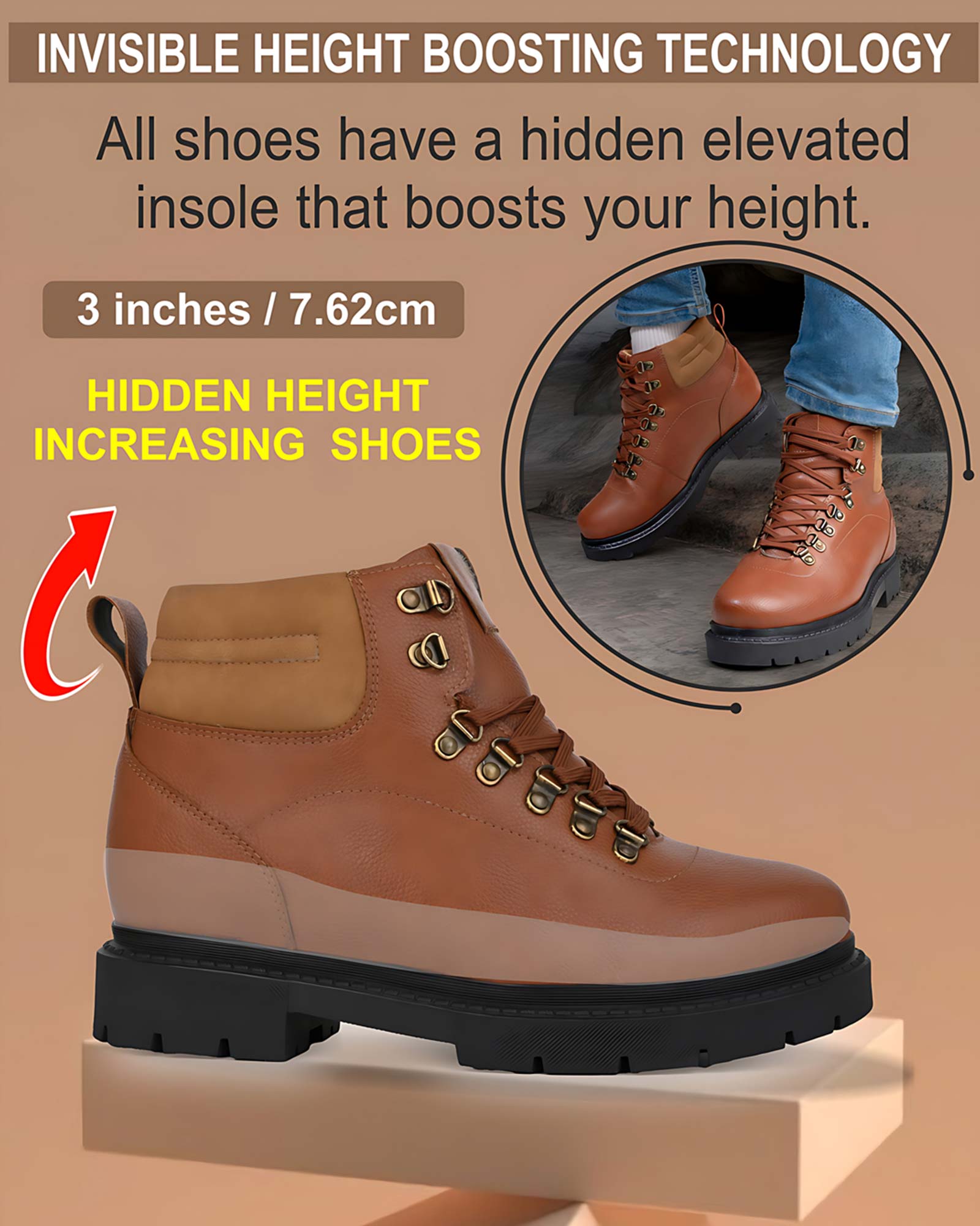 Showcase product view of Hitoes Troxxon tan height lift boots with internal elevation