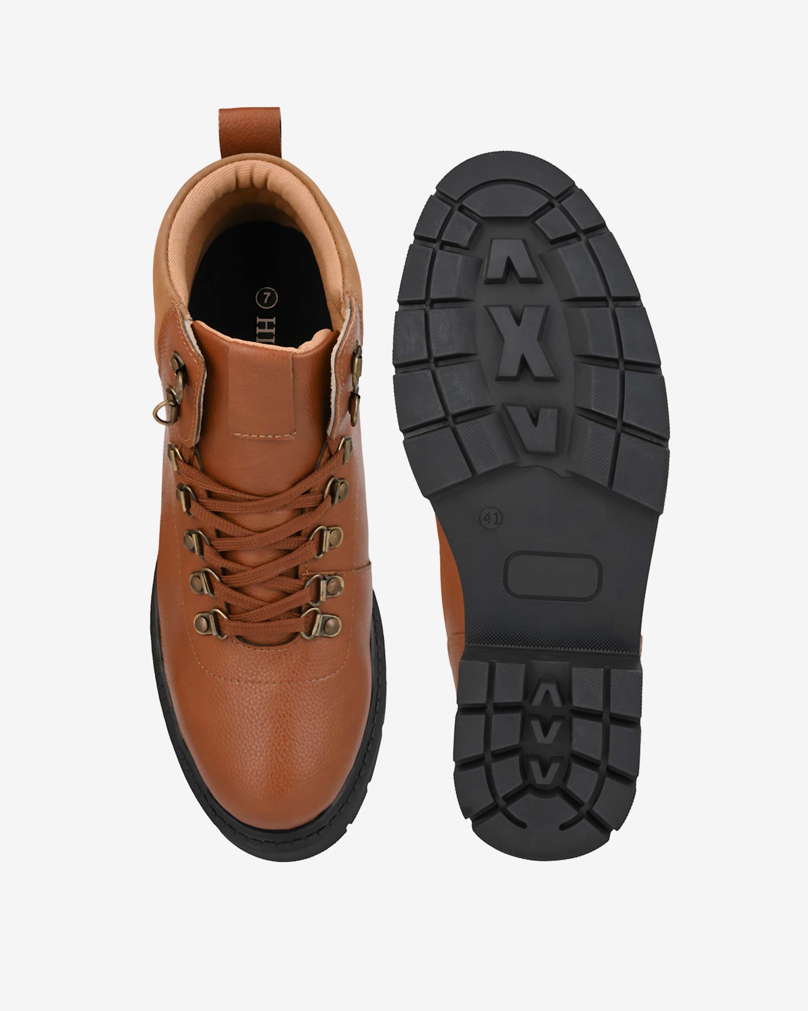 Top and sole view of Hitoes Troxxon tan height increasing boots with concealed insole lift