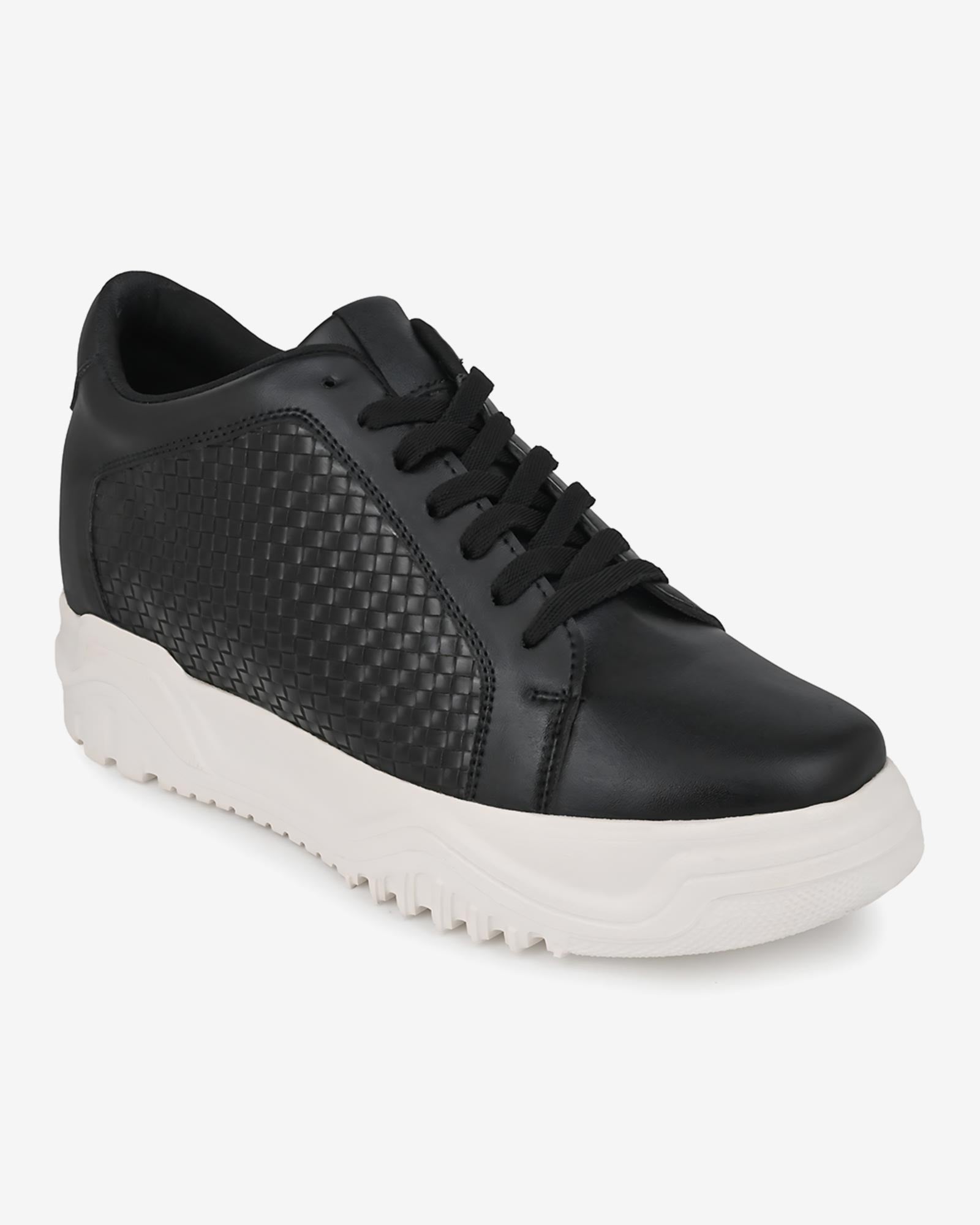 Front angled view of Hitoes Zyft Matrix black elevator sneakers with hidden height boost