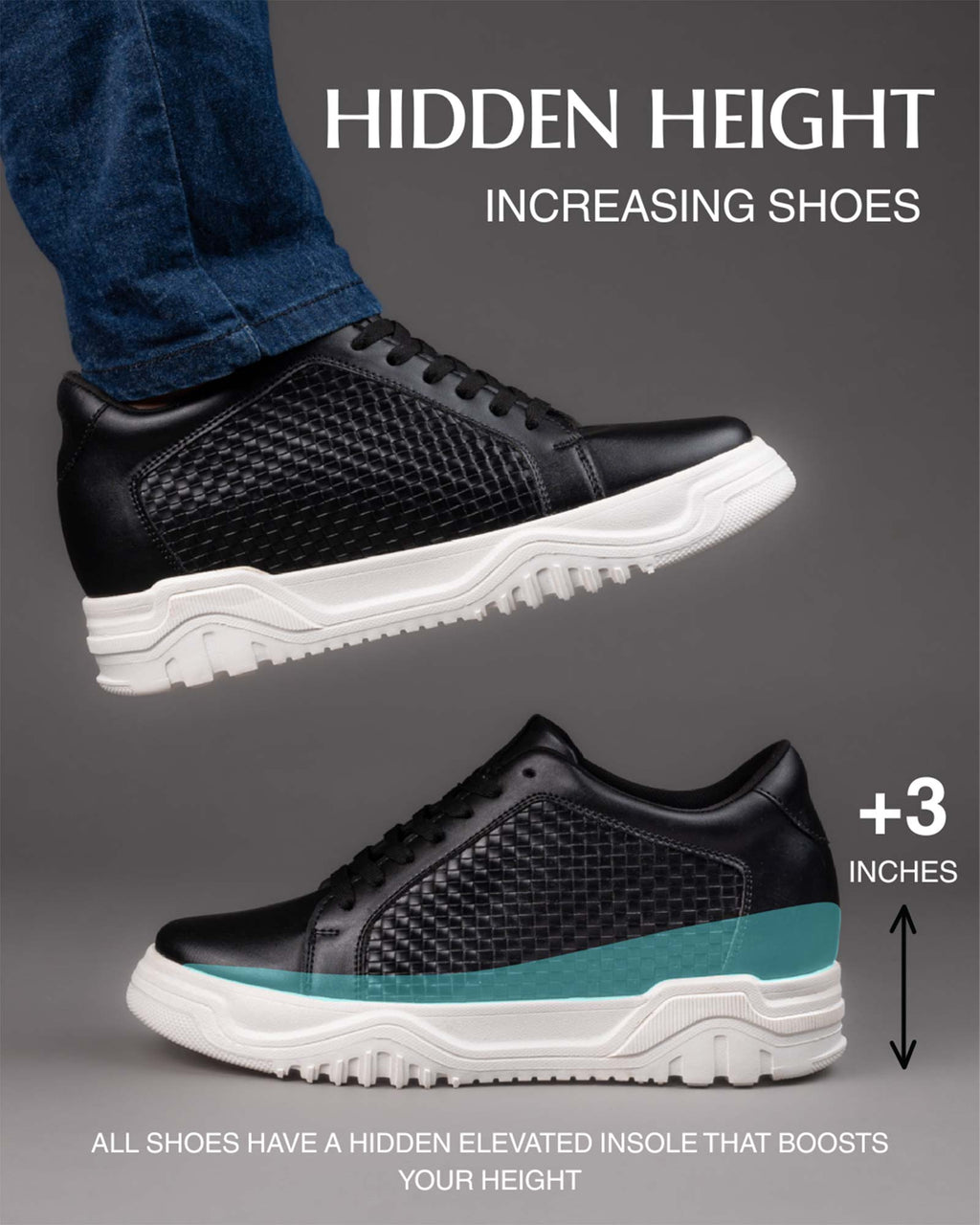 Showcase product view of Hitoes Zyft Matrix black height lift sneakers with internal elevation