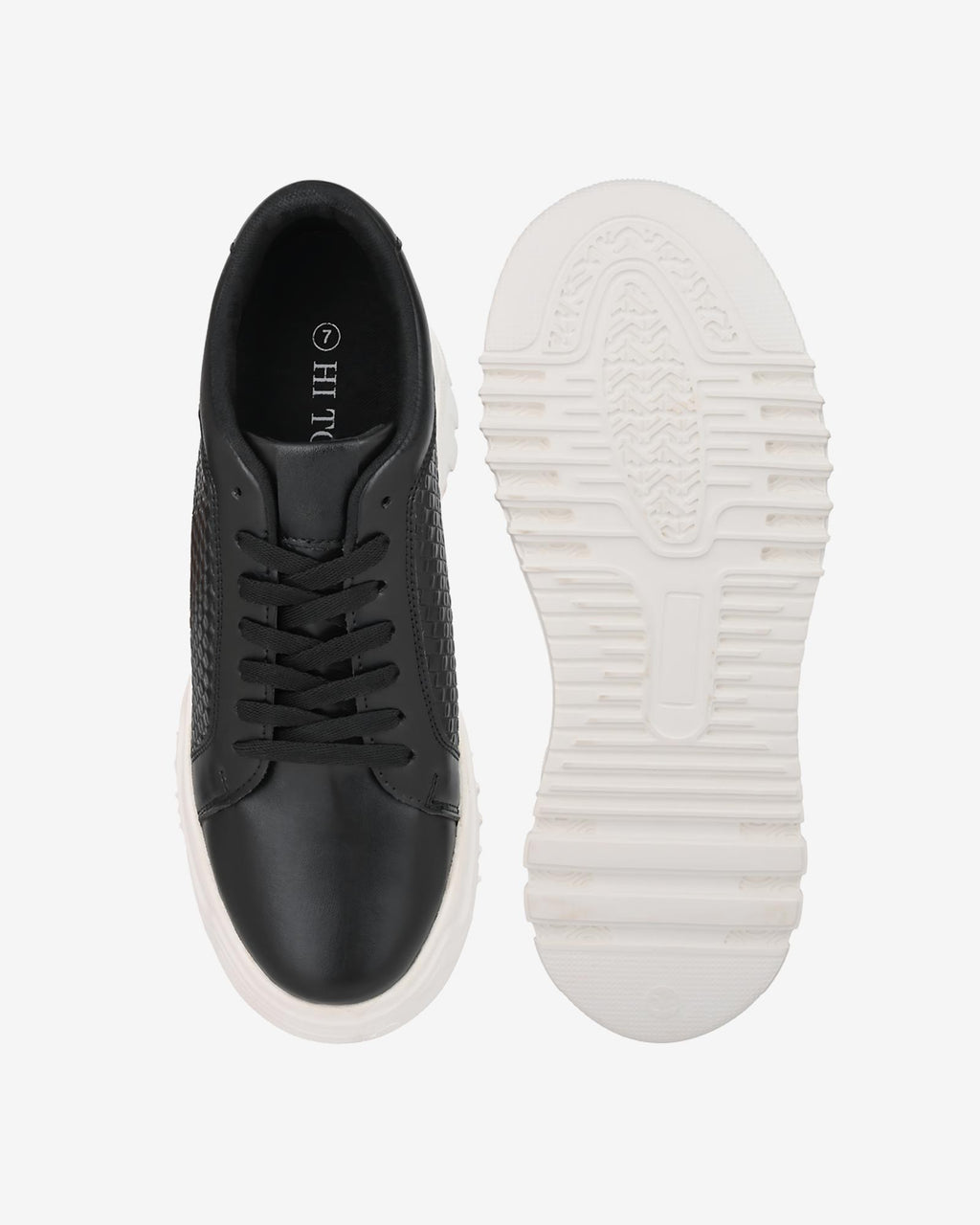 Top and sole view of Hitoes Zyft Matrix black height increasing sneakers with hidden insole lift