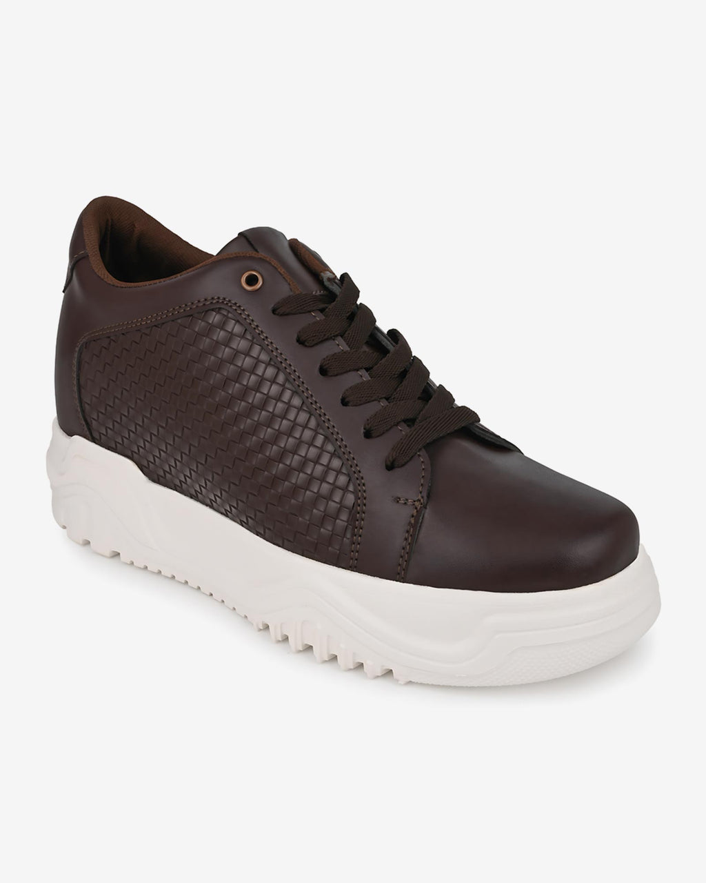 Front angled view of Hitoes Zyft Matrix brown elevator sneakers with hidden height boost