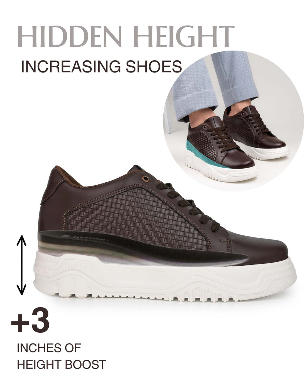 Showcase product view of Hitoes Zyft Matrix brown height lift sneakers with internal elevation