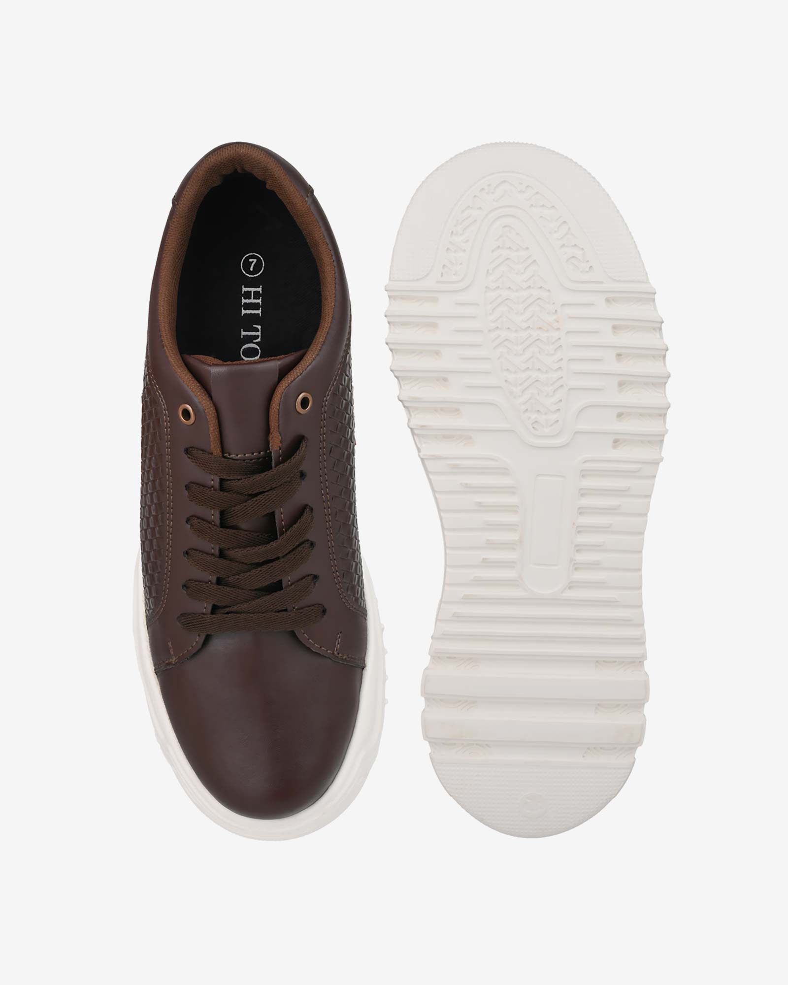 Top and sole view of Hitoes Zyft Matrix brown height increasing sneakers with hidden insole lift