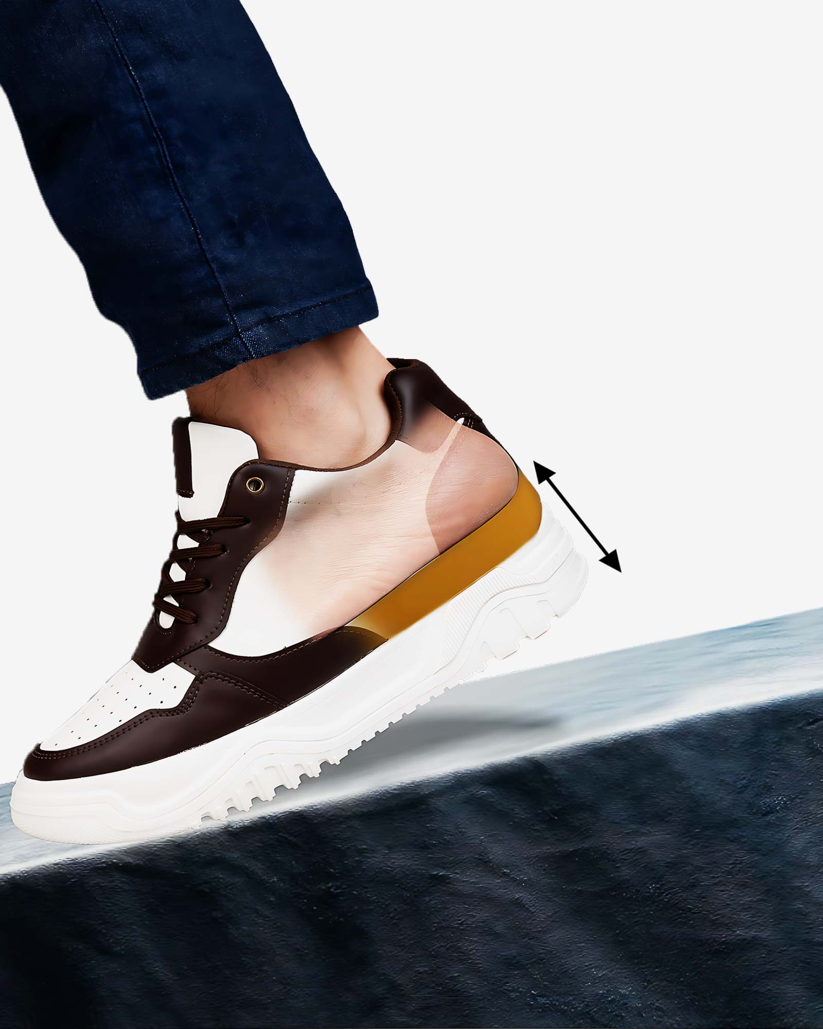 Showcase product view of Hitoes Zyft Vibes brown and white height lift sneakers with internal elevation