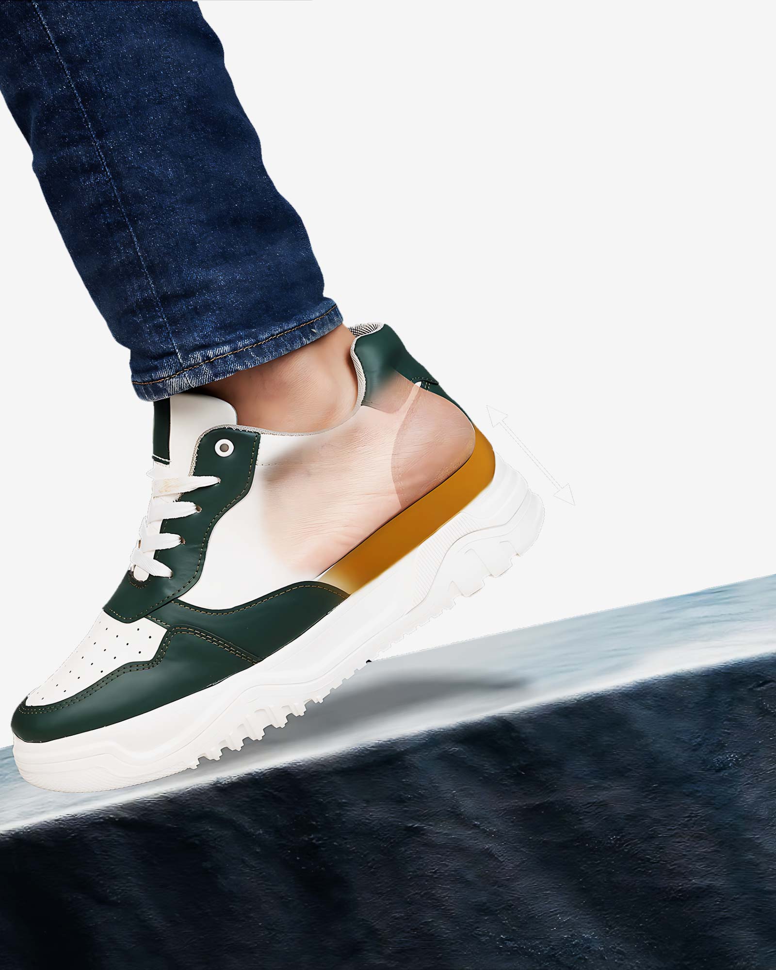 Showcase product view of Hitoes Zyft Vibes green and white height lift sneakers with internal elevation